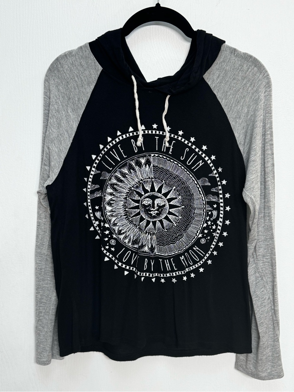 Nella Fantasia Black and Gray Hooded Raglan Tee with Sun & Moon Graphic